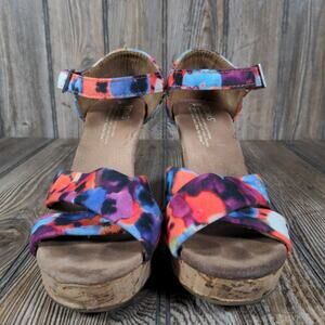Toms Wedge Sandals Floral Hawaiian Platform Ankle Strap Peep Toe Shoes Size 6